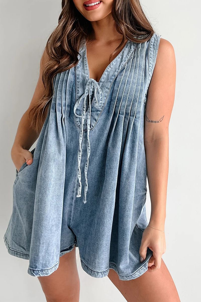 Street Pocket Lace Up V Neck Sleeveless Loose Denim Jumpsuits(9 Colors)