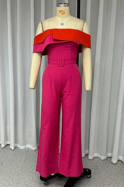 Colorblock Patchwork With Belt Irregular Contrast Strapless Regular Jumpsuits