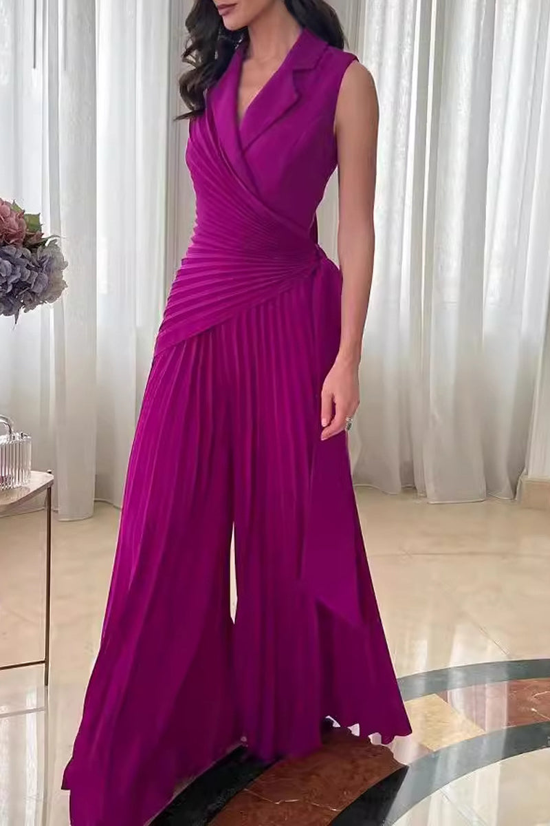 Color Lace Up Ruched Pleated Turn-back Collar Regular Jumpsuits