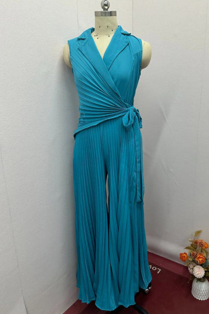 Color Lace Up Ruched Pleated Turn-back Collar Regular Jumpsuits