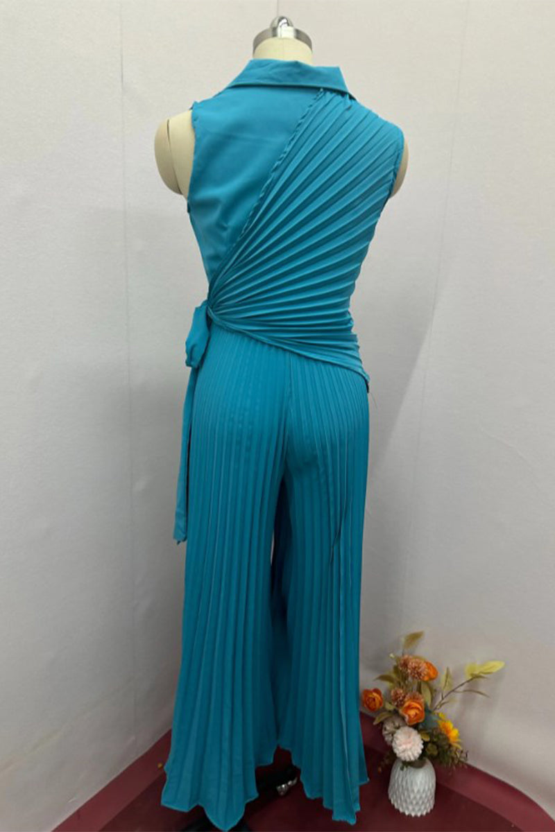 Color Lace Up Ruched Pleated Turn-back Collar Regular Jumpsuits