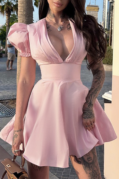 Color Patchwork V Neck Waist Skirt Dresses