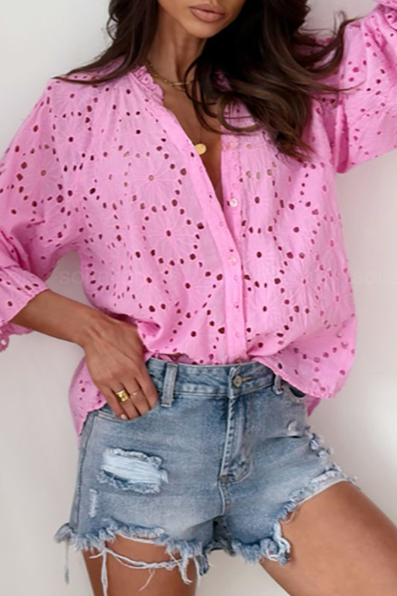 Color Hollow Out V Neck Blouses