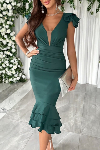 Color Patchwork V Neck Wrapped Skirt Dresses