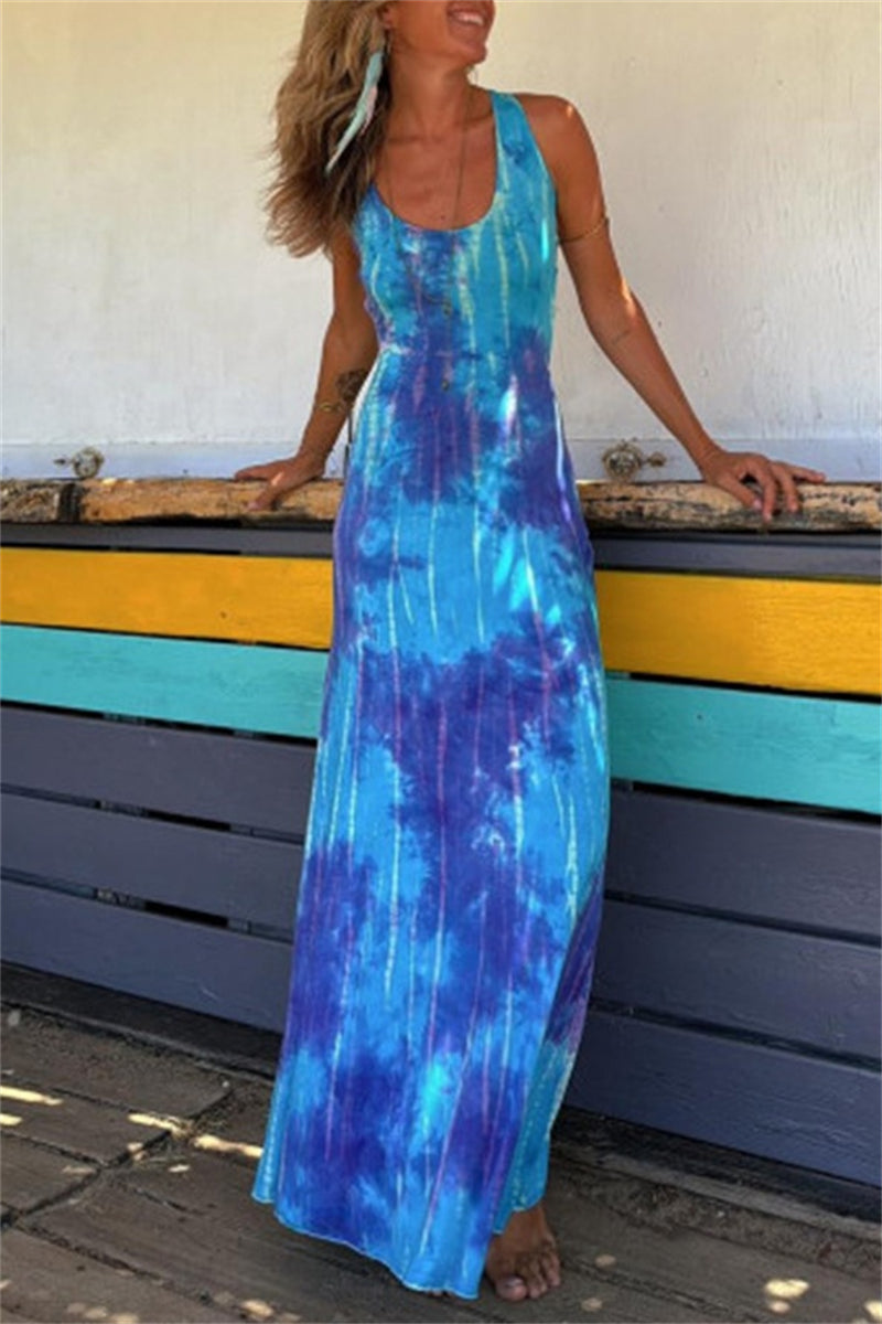Print Backless U Neck Long Dresses(3 Colors)