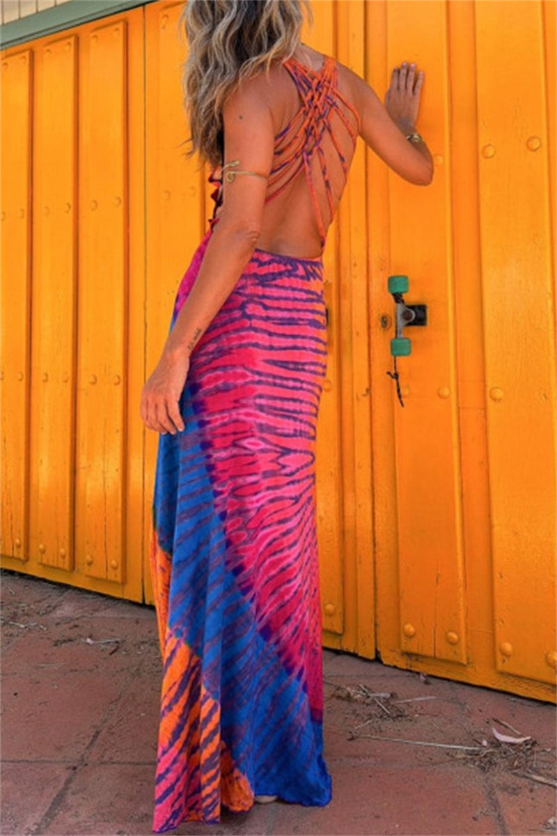Print Backless U Neck Long Dresses(3 Colors)