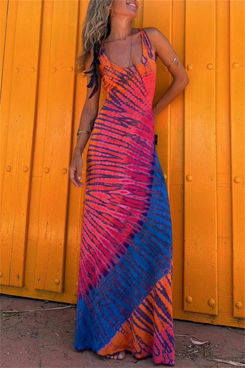 Print Backless U Neck Long Dresses(3 Colors)