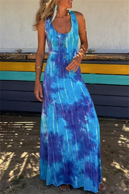 Print Backless U Neck Long Dresses(3 Colors)