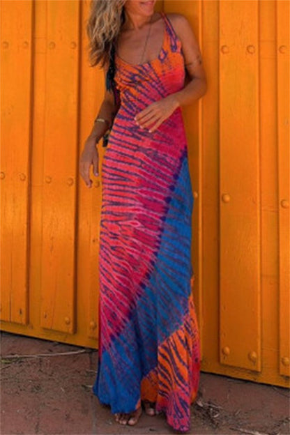 Print Backless U Neck Long Dresses(3 Colors)