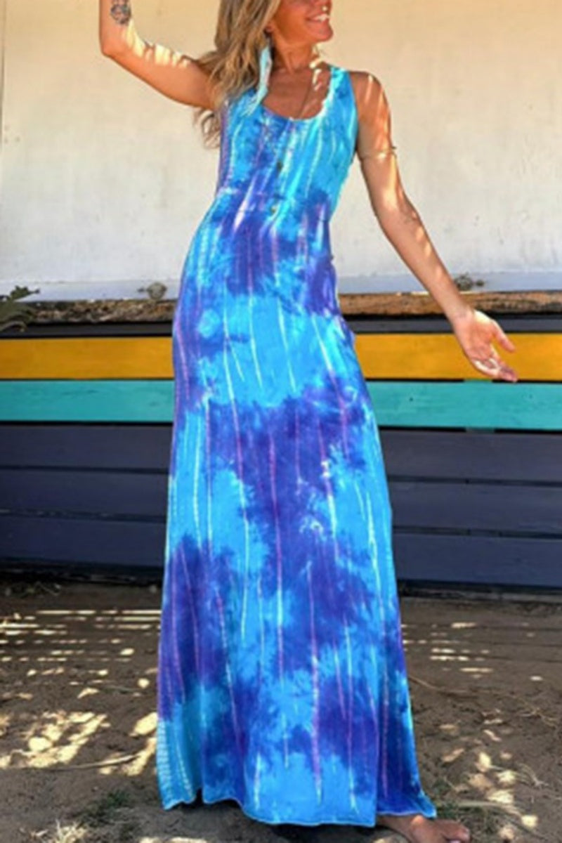 Print Backless U Neck Long Dresses(3 Colors)