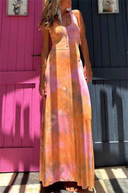 Print Backless U Neck Long Dresses(3 Colors)