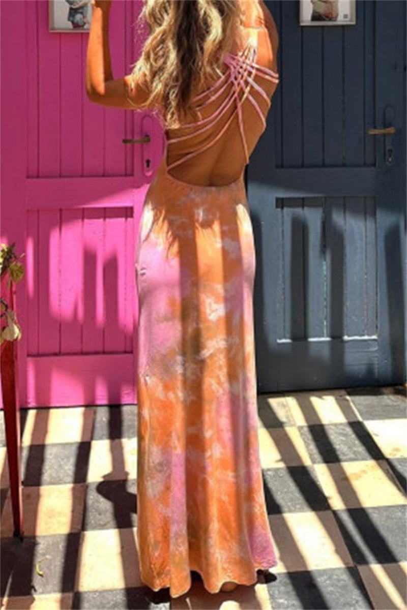 Print Backless U Neck Long Dresses(3 Colors)