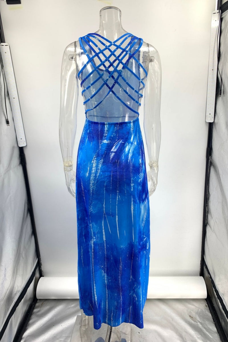 Print Backless U Neck Long Dresses(3 Colors)
