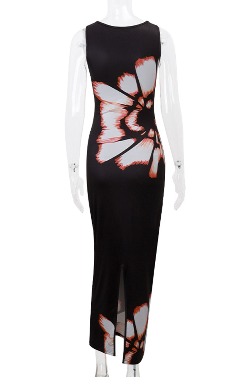 Flowers Print Hollow Out O Neck One Step Skirt Dresses