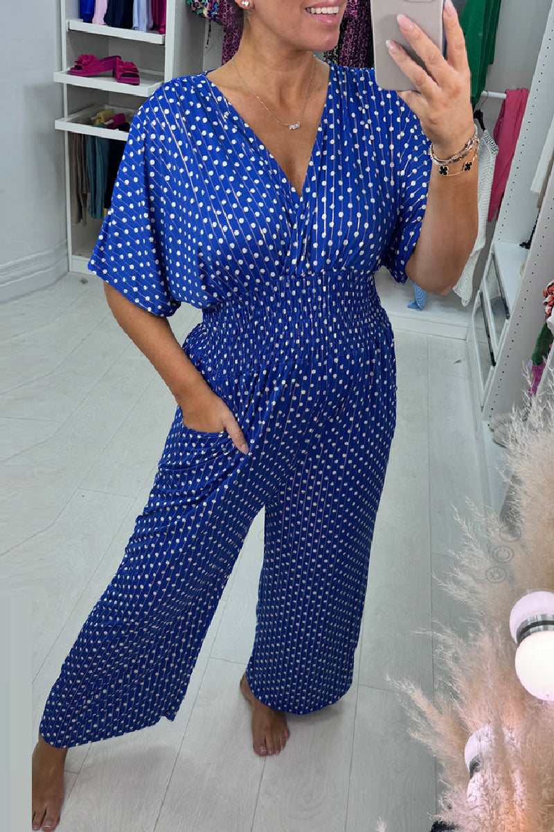 Polka Dot Print Patchwork V Neck Regular Jumpsuits(3 Colors)