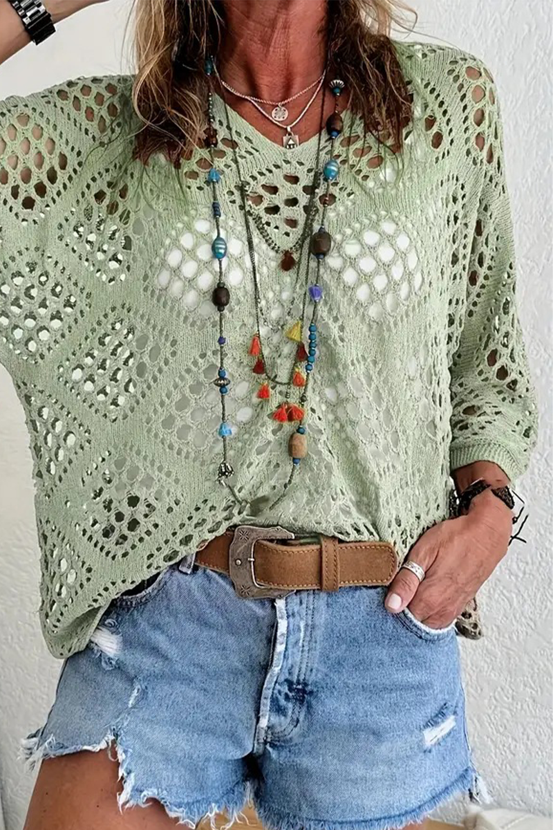 Daily Color Hollow Out V Neck Sweaters(5 Colors)