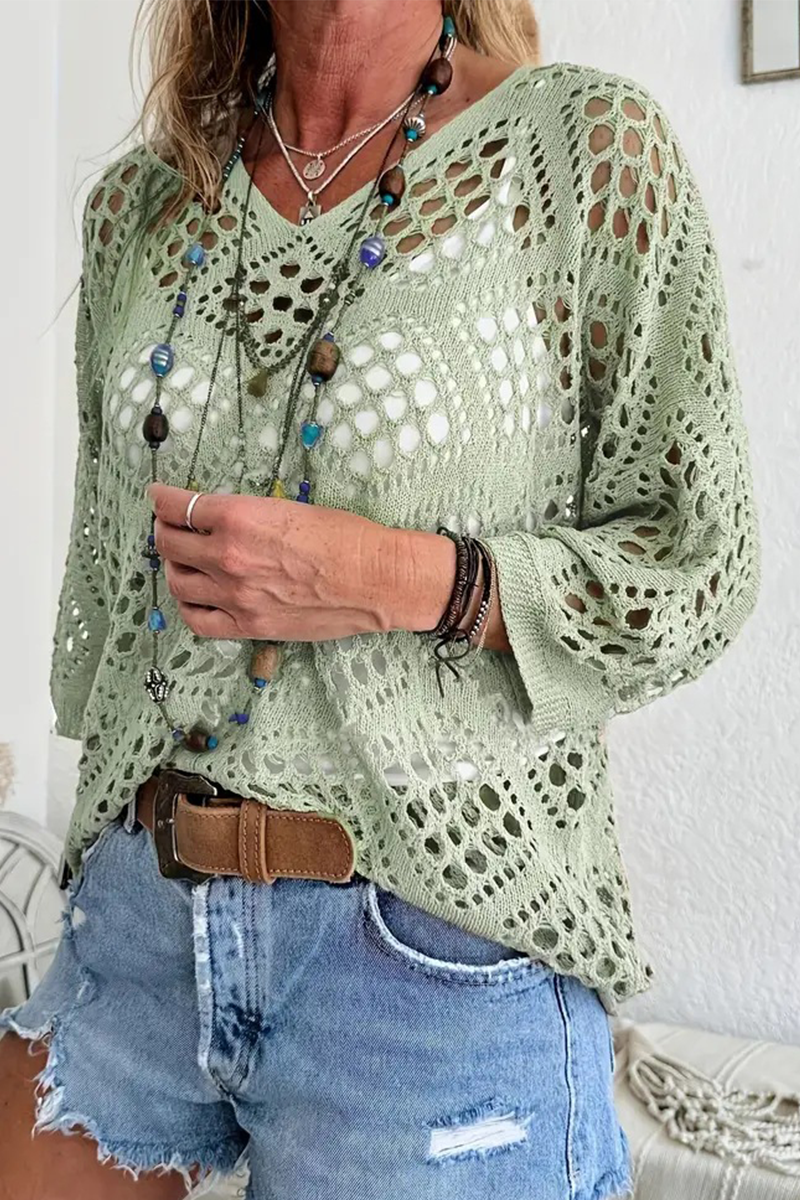 Daily Color Hollow Out V Neck Sweaters(5 Colors)