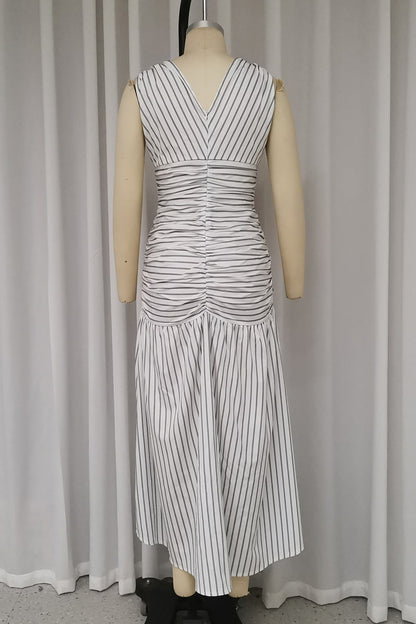 Striped Print Lace Up Ruched V Neck Waist Skirt Dresses
