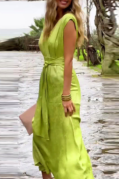 Color Lace Up Slit V Neck Waist Skirt Dresses