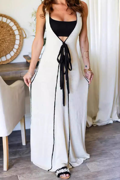 Patchwork Belted V Neck Long Dresses
