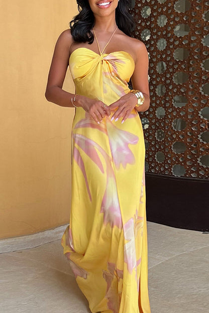 Print Backless Belted Halter Long Dresses