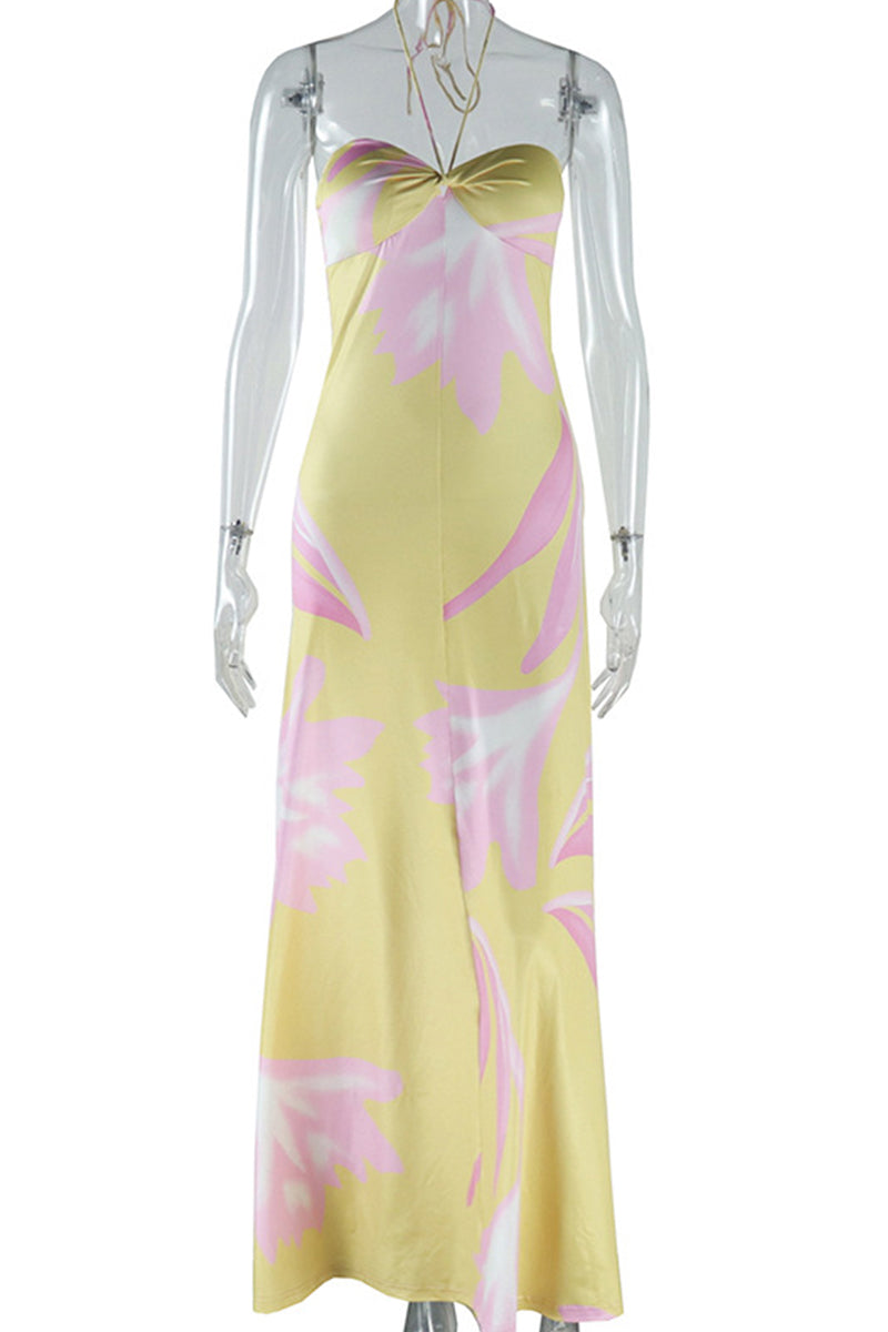 Print Backless Belted Halter Long Dresses