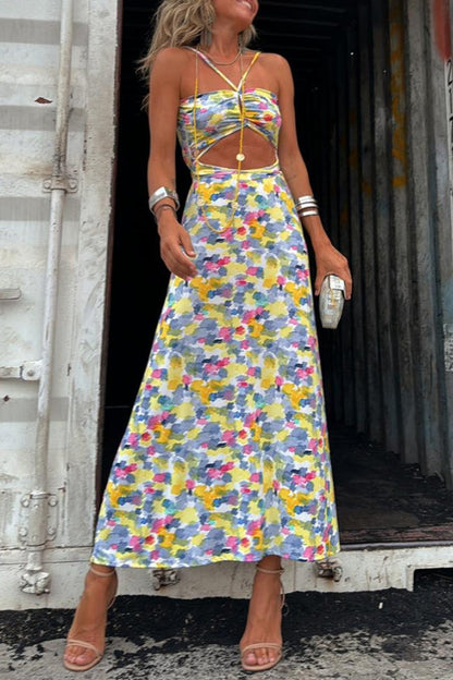 Geometric Print Backless Contrast V Neck One Step Skirt Dresses(two Ways to Wear)