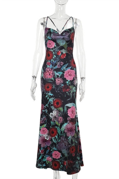 Print Backless Spaghetti Strap Long Dresses