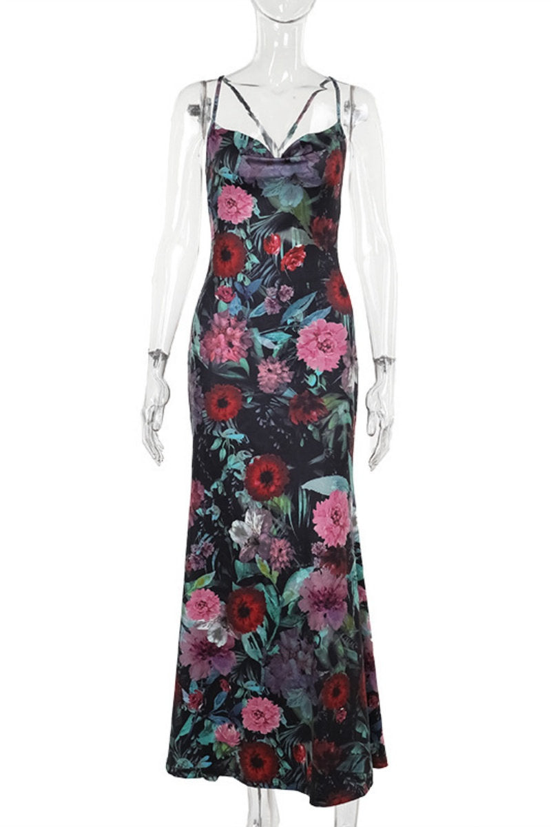 Print Backless Spaghetti Strap Long Dresses