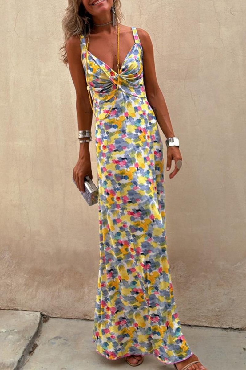 Geometric Print Contrast V Neck One Step Skirt Dresses