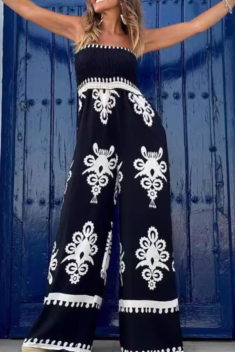 Geometric Print Pocket Strapless Loose Jumpsuits