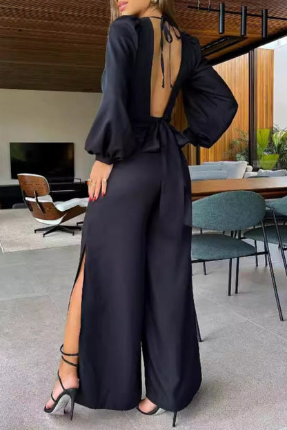 Color Hollow Out Backless Slit Belted O Neck Bodycon Jumpsuits