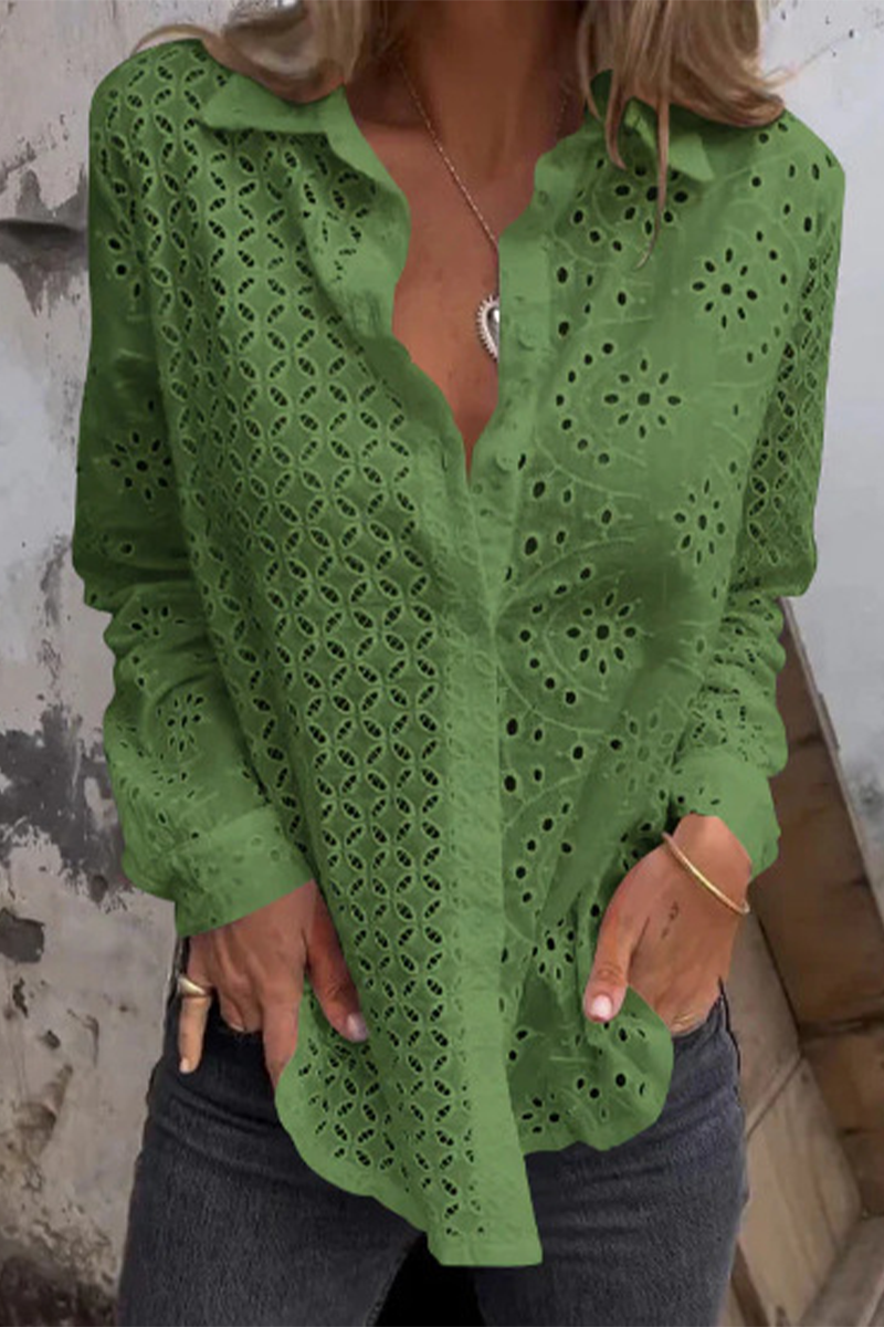 Color Hollow Out Turndown Collar Blouses(7 Colors)