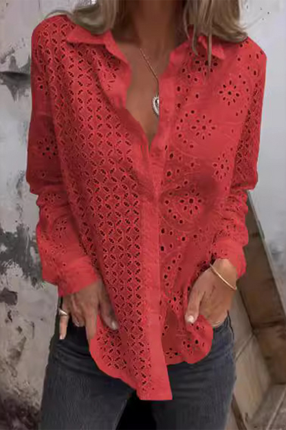Color Hollow Out Turndown Collar Blouses(7 Colors)