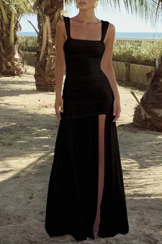 Color Backless Slit Ruched Spaghetti Strap Long Dresses
