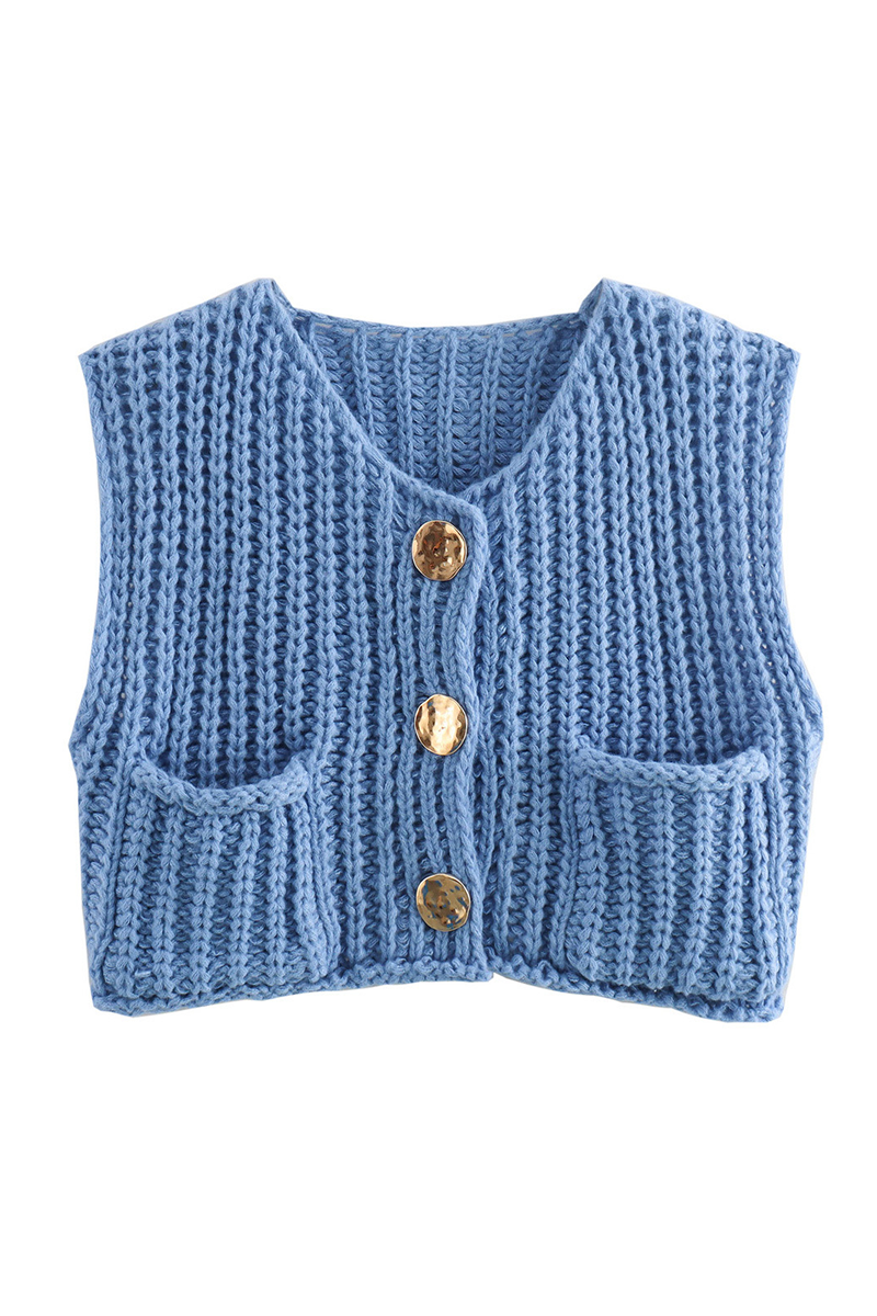 Daily Color Pocket Buttons Weave O Neck Sweaters (3 Colors)