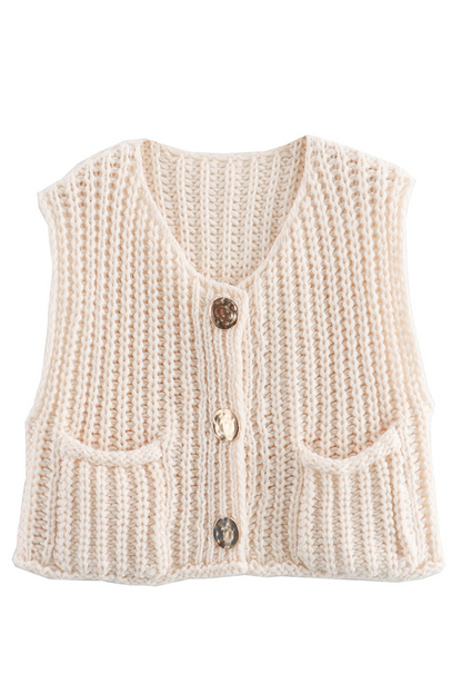Daily Color Pocket Buttons Weave O Neck Sweaters (3 Colors)