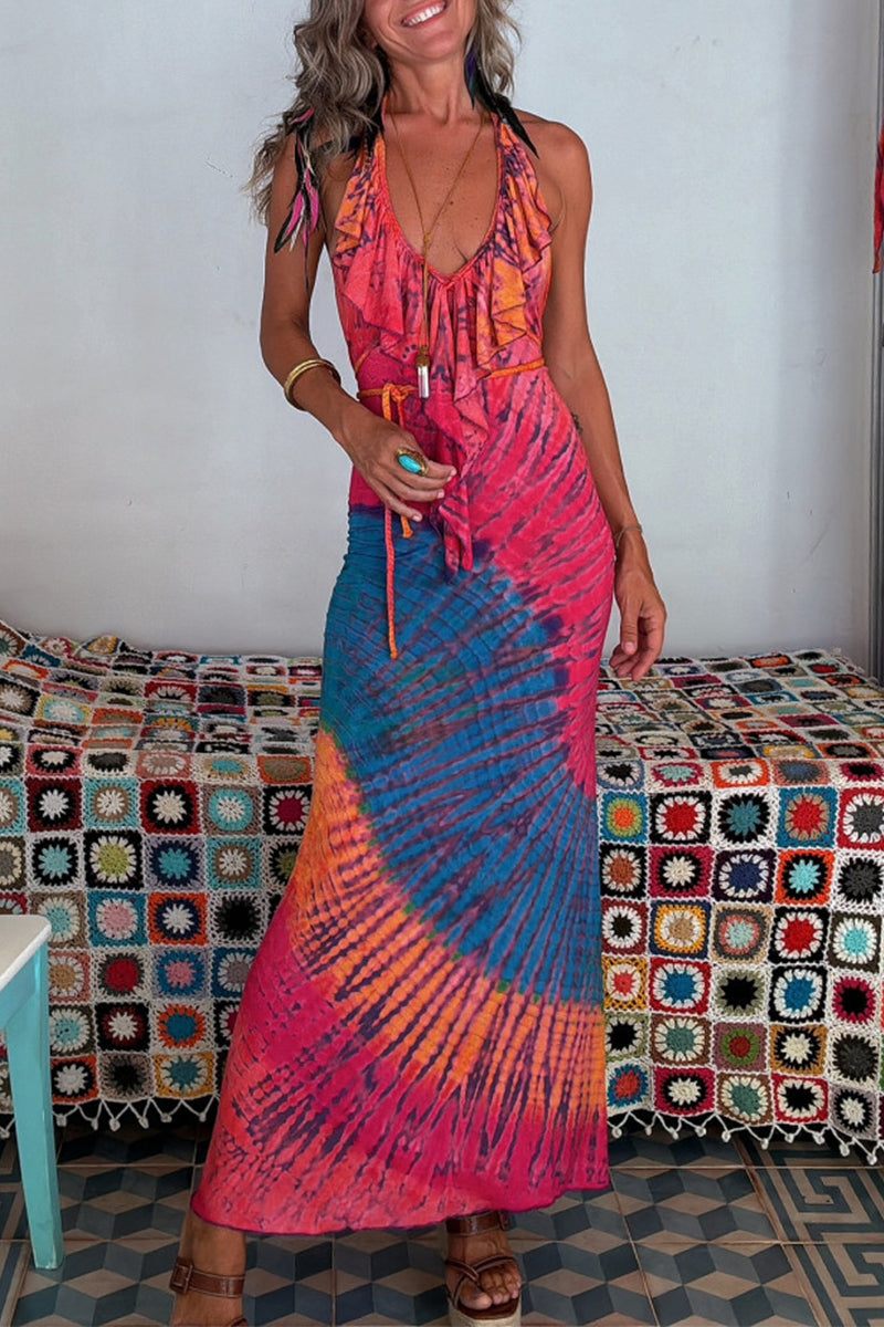 Vacation Gradient Print Backless Ruffle V Neck One Step Skirt Dresses