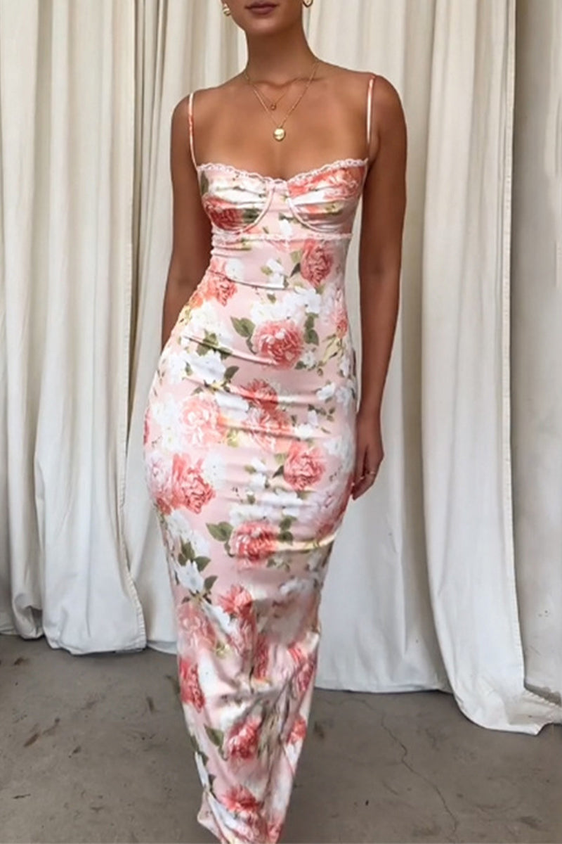 Flowers Lace Patchwork Slit V Neck One Step Skirt Dresses