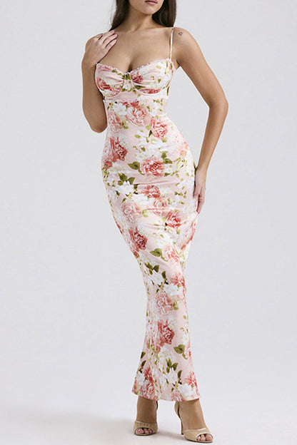 Flowers Lace Patchwork Slit V Neck One Step Skirt Dresses