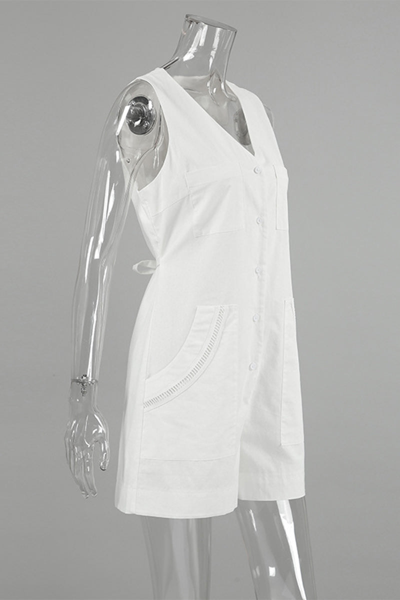 Daily Color Pocket Buttons V Neck Loose Rompers