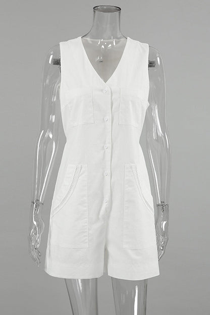 Daily Color Pocket Buttons V Neck Loose Rompers