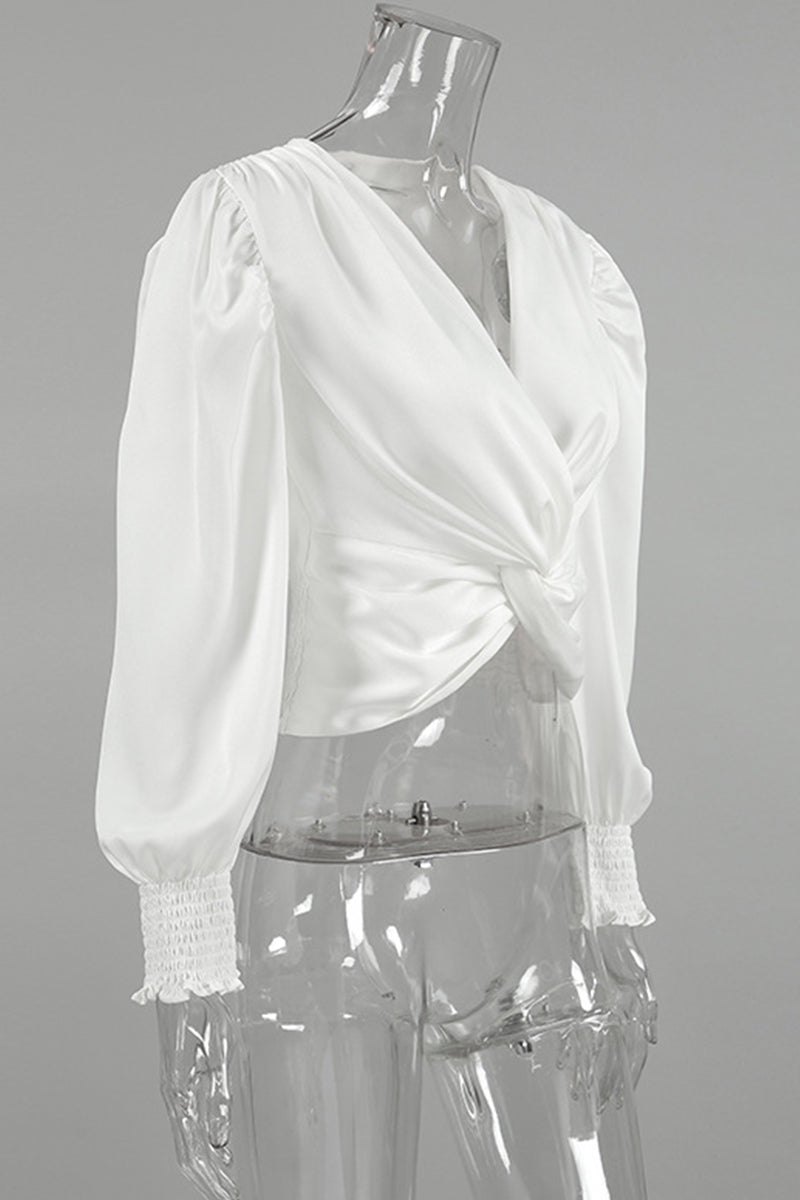 Color Ruched V Neck Blouses