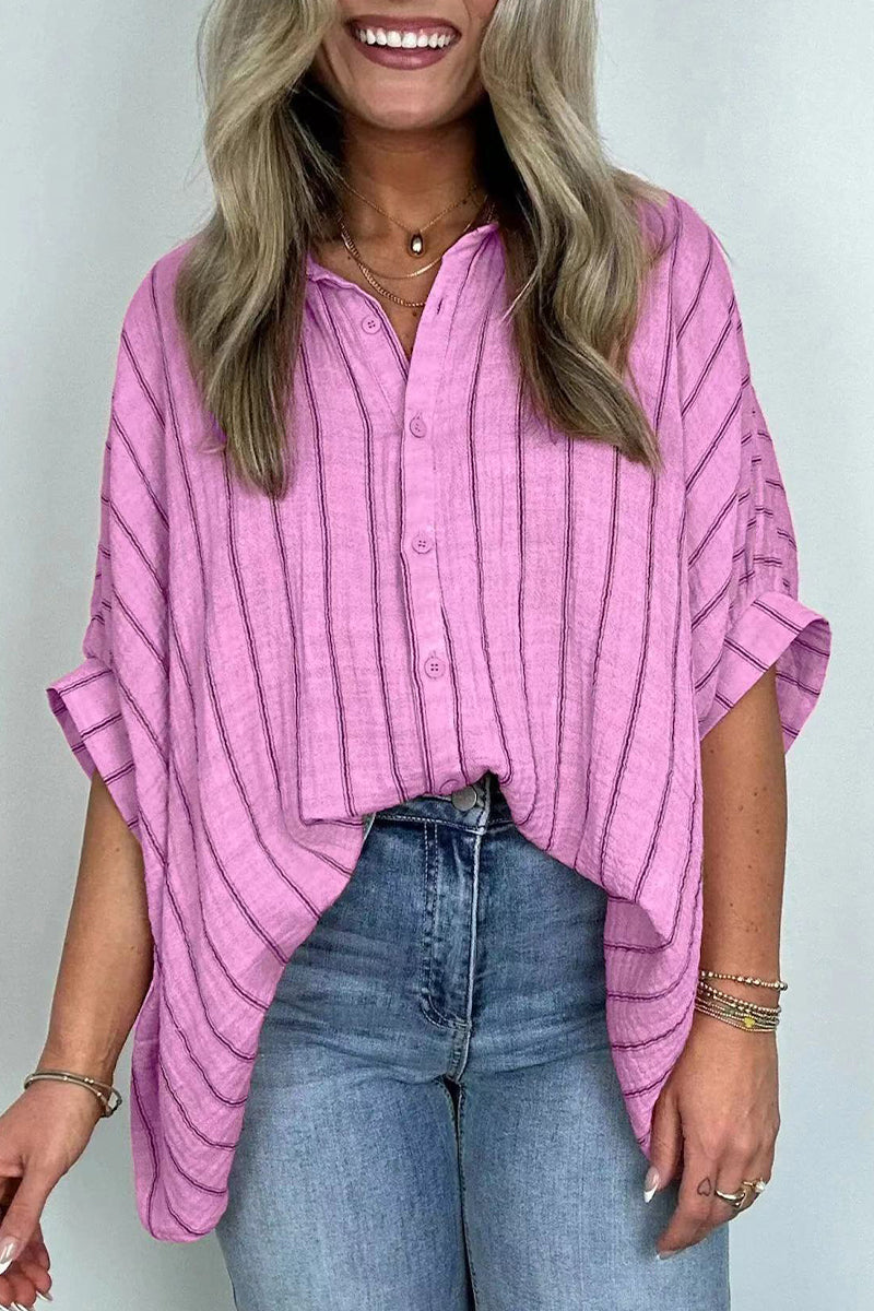 Daily Stripe Buttons Turndown Collar Blouses(8 Colors)