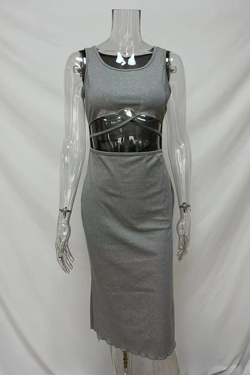 Color Hollow Out U Neck Wrapped Skirt Dresses(4 Colors)