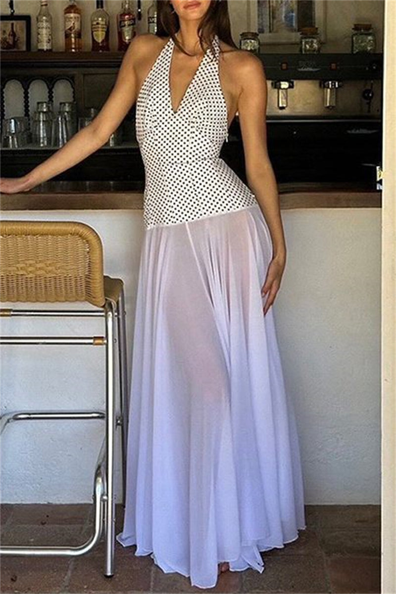 Print Backless Belted Halter Long Dresses
