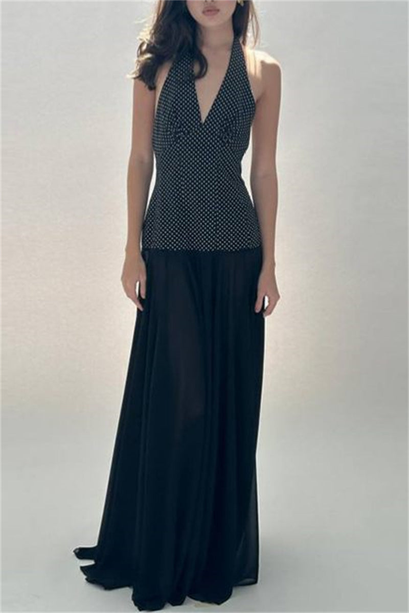 Print Backless Belted Halter Long Dresses