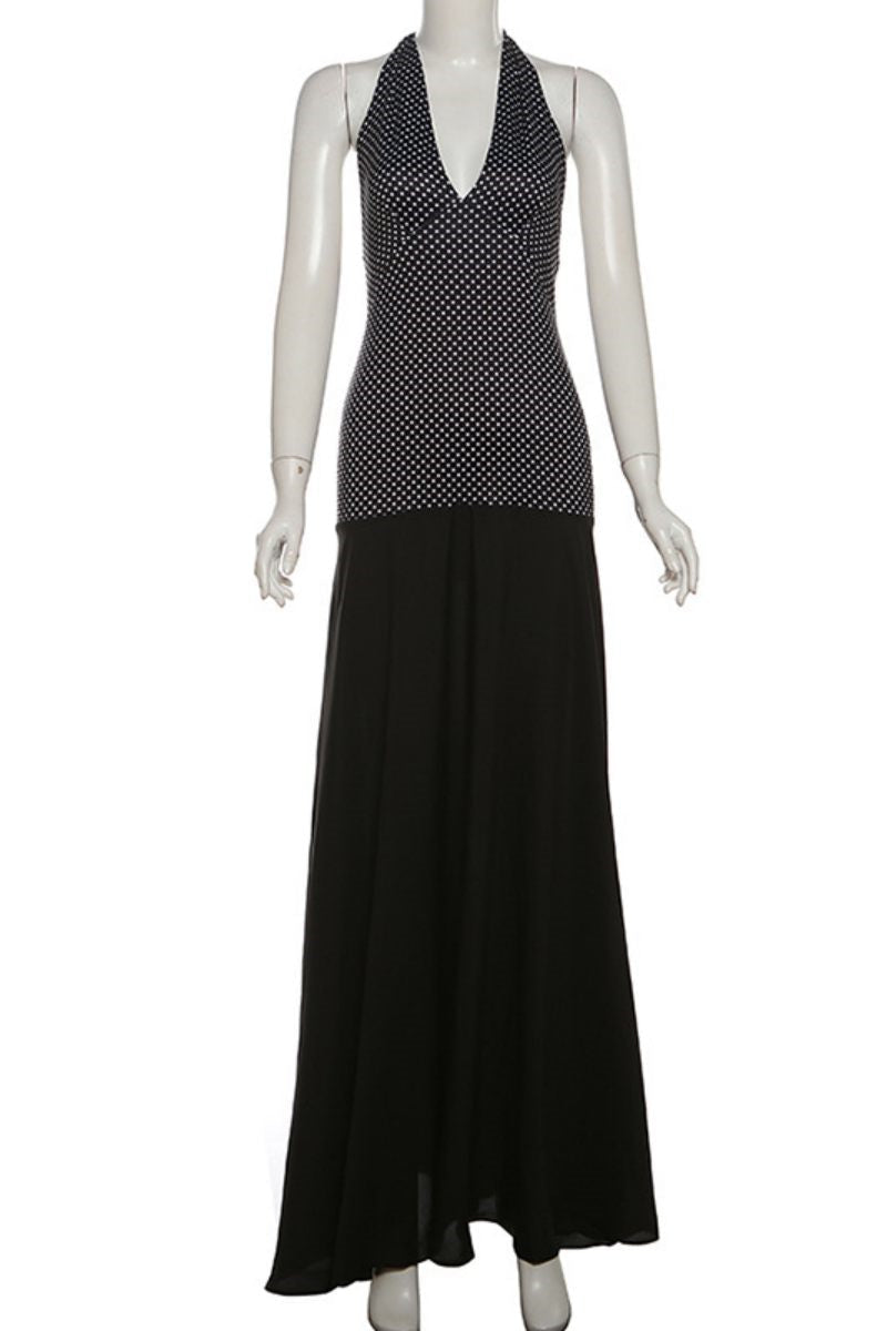 Print Backless Belted Halter Long Dresses