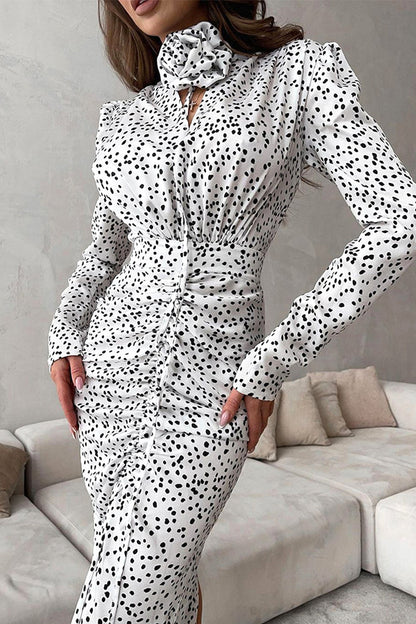 Polka Dot Ruched Flower Shape V Neck One Step Skirt Dresses