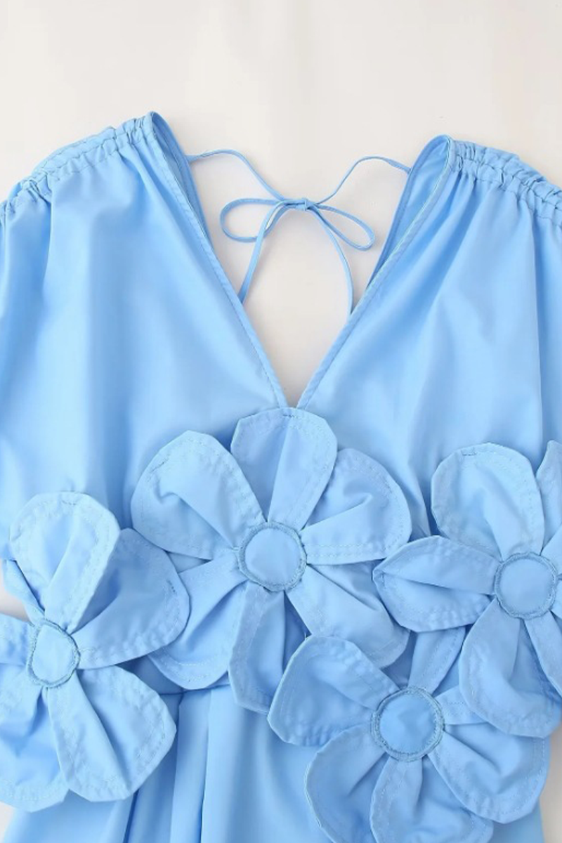 Color Draw String Flower Shape V Neck Waist Skirt Dresses
